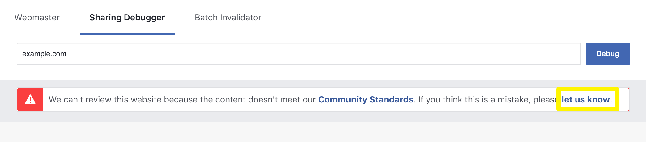 Ссылка "Сообщите нам" в инструменте отладчика общего доступа Facebook.
