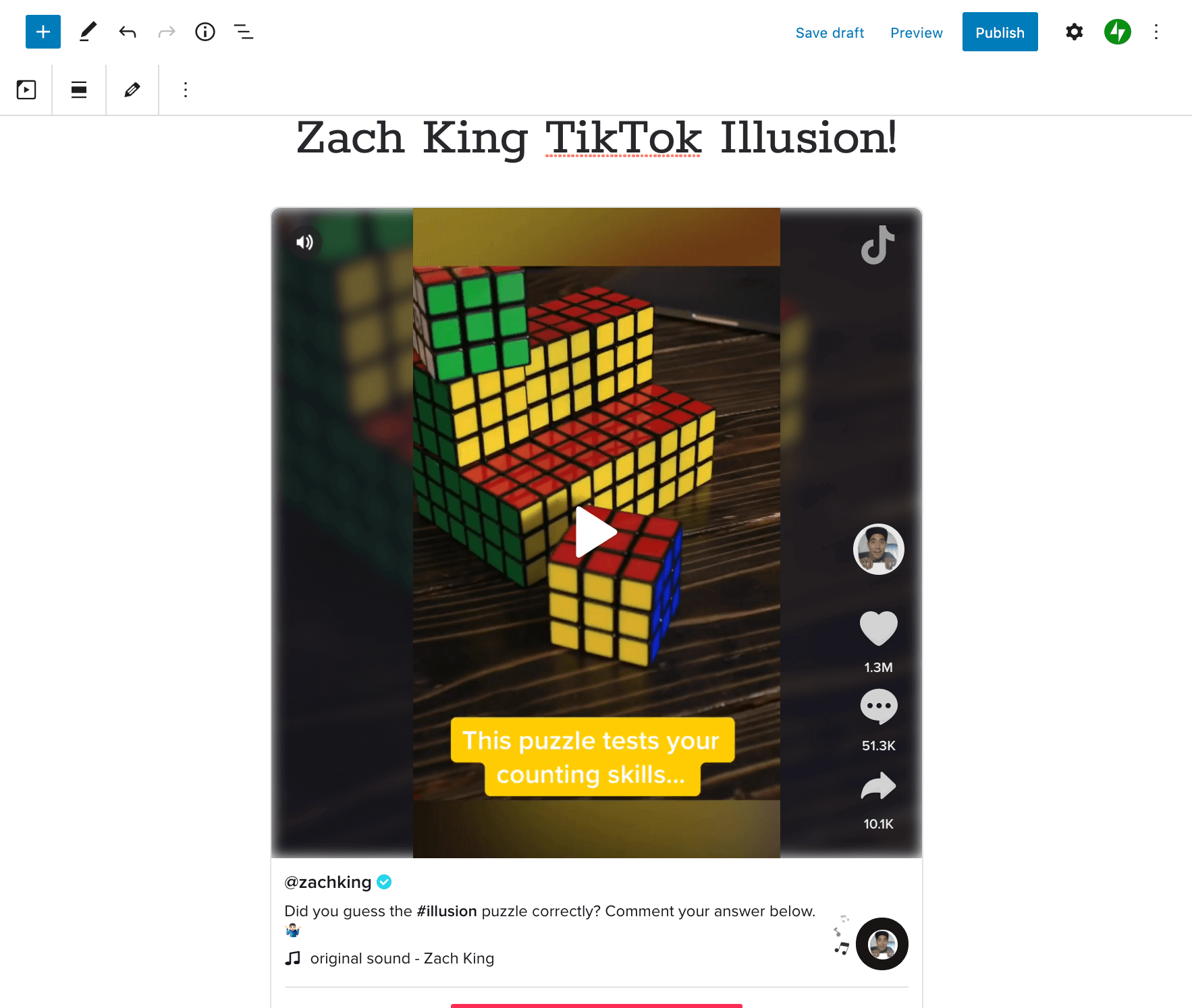 معاينة TikTok مضمن في Block Editor.