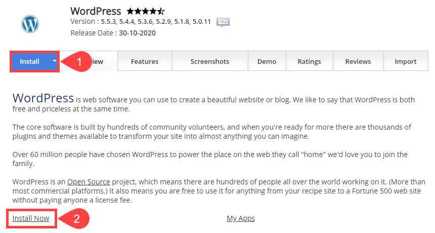 przyciski instalacji wordpress