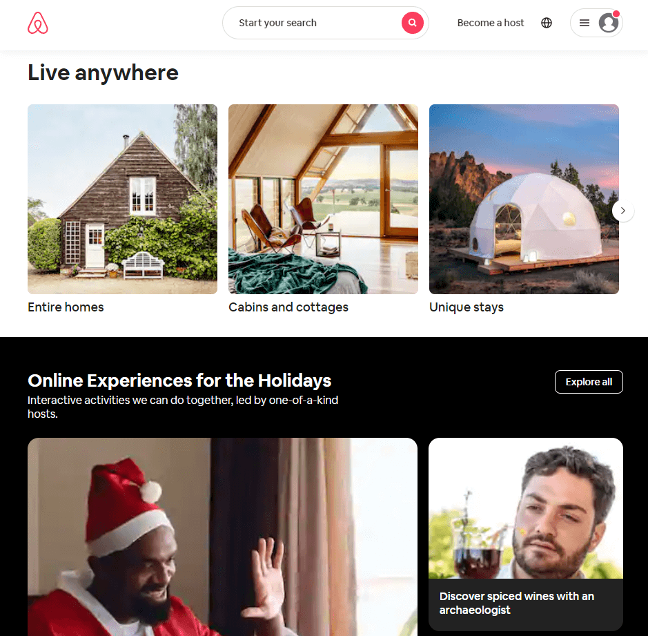 Домашняя страница Airbnb