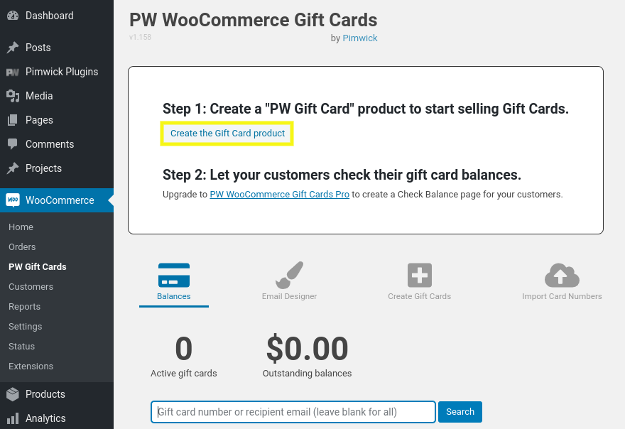 Opcja „utwórz produkt z karty podarunkowej” w WooCommerce.