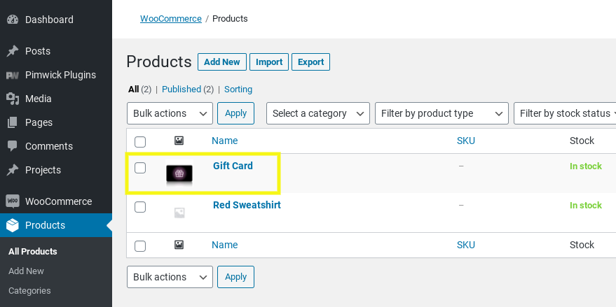 Produkt w postaci karty podarunkowej w WooCommerce.