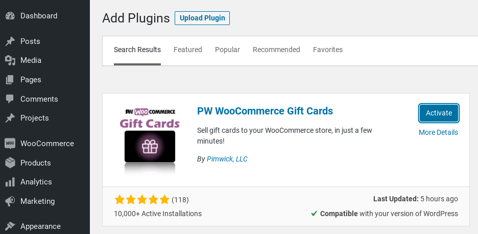 Ekran instalacji wtyczki PW WooCommerce Gift Cards.
