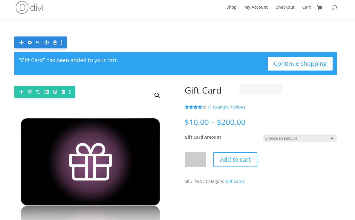 Edycja strony produktu kart podarunkowych WooCommerce za pomocą Divi Builder.
