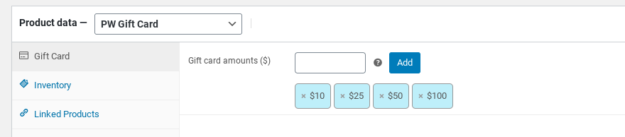 Sekcja konfiguracji kwoty kart podarunkowych WooCommerce.