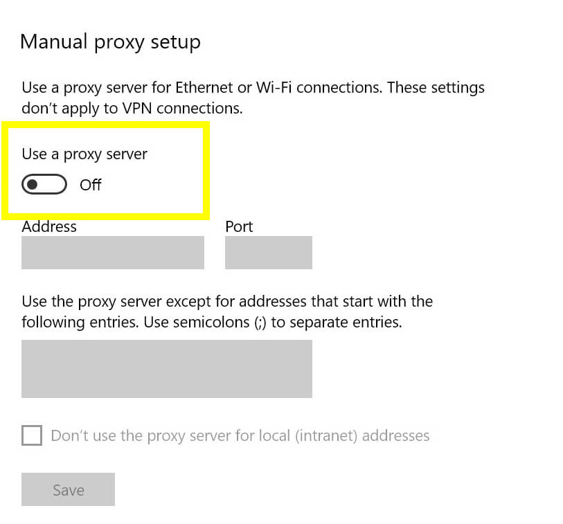 Windows 10 proxy ayarları.