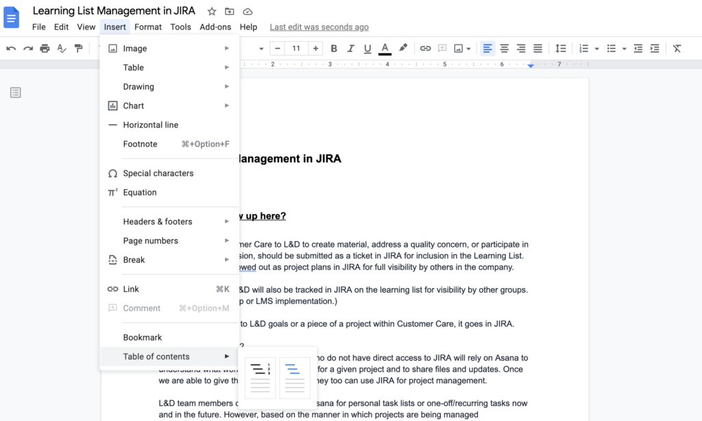 daftar isi di dalam Google Doc