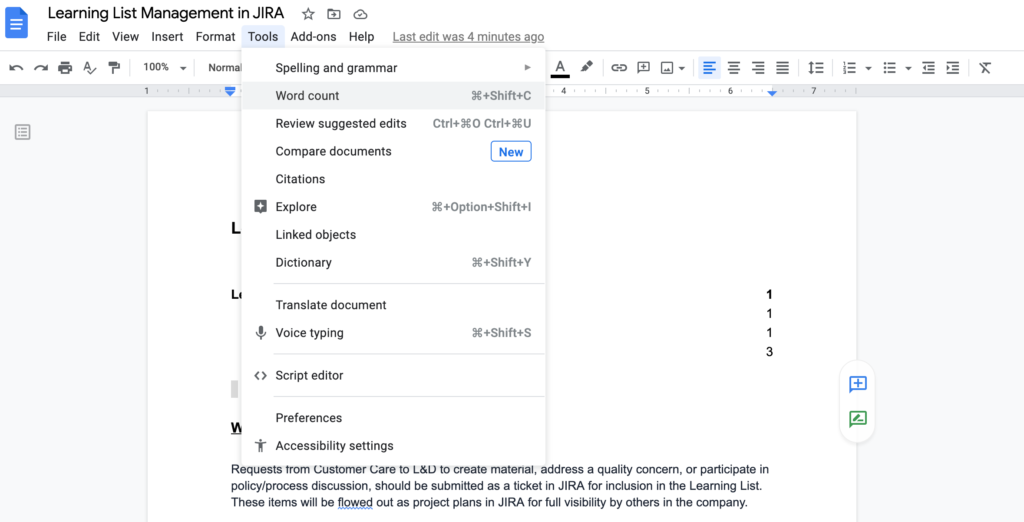 jumlah kata di google docs