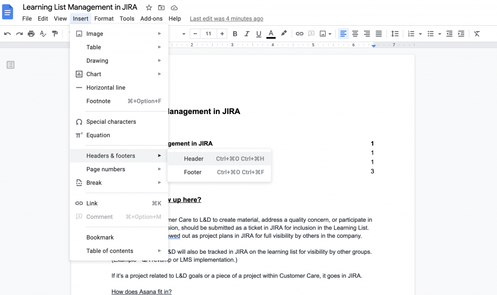 Opsi Header dan Footer di Google Doc