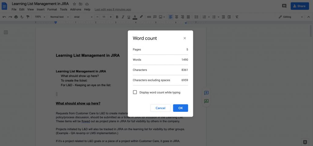 menu hitungan kata di Google Doc