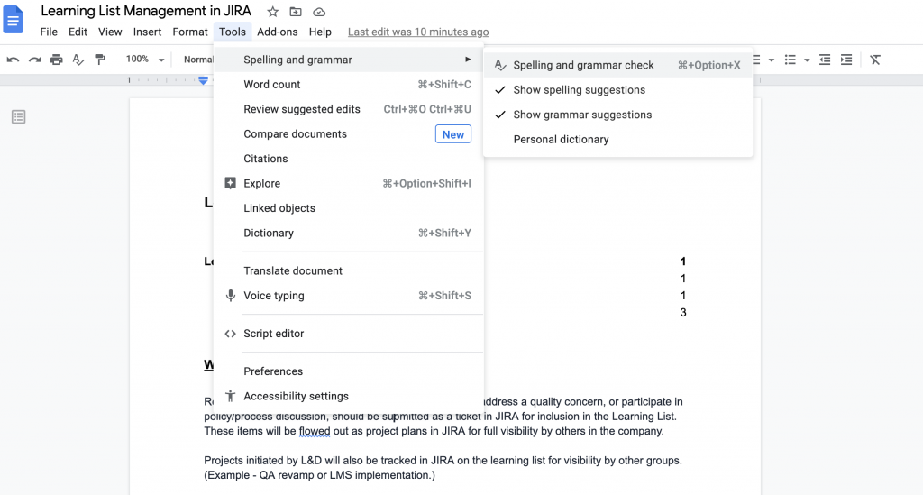 Pemeriksaan ejaan dan tata bahasa di Google Doc