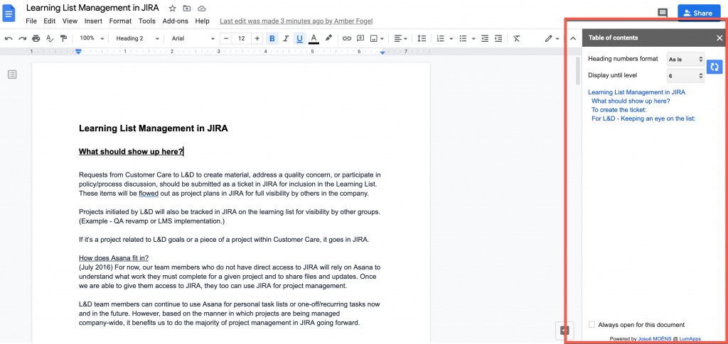 daftar isi ditambahkan di Google Documents