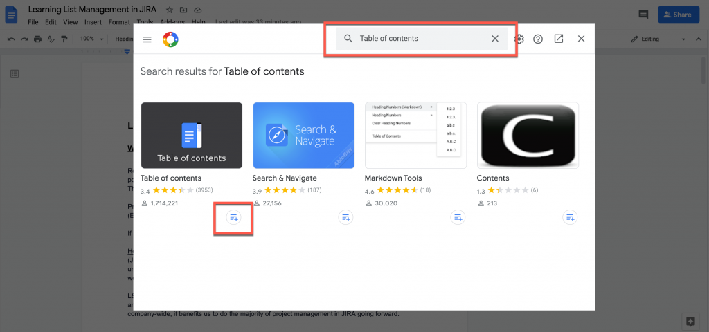daftar isi add-on di Google Documents