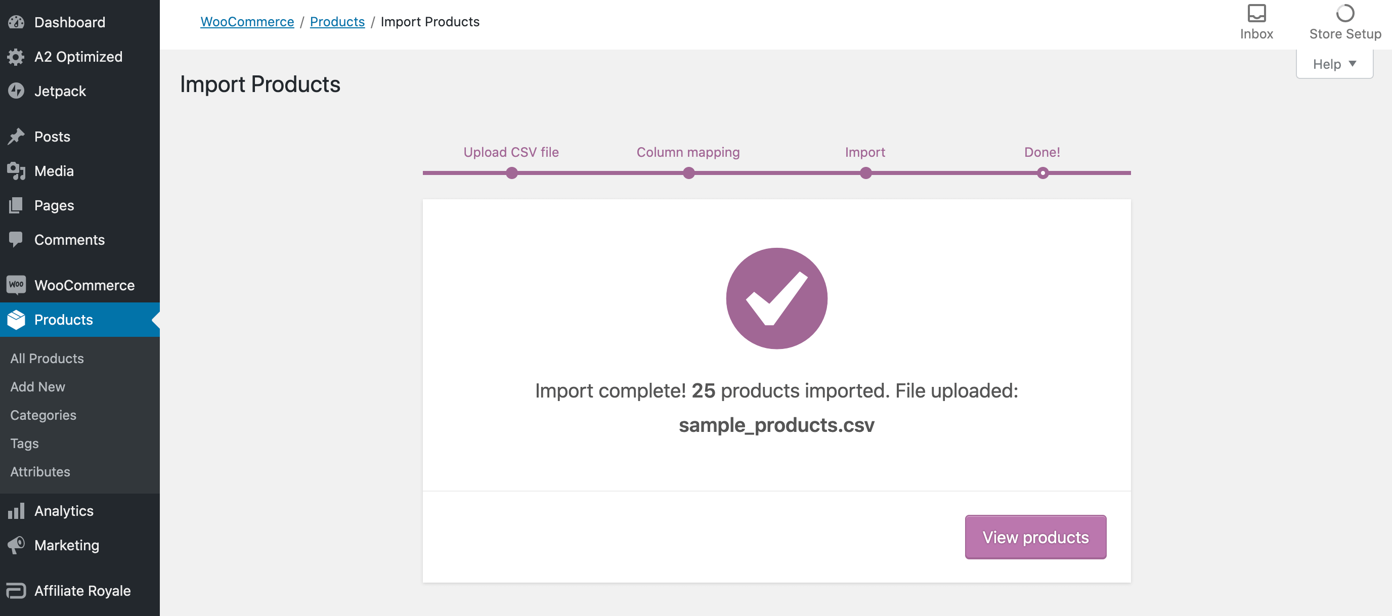 WooCommerce CSV-Import-Erfolgsmeldung.