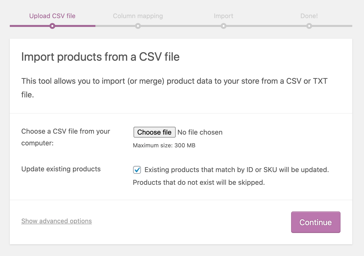 Hochladen einer WooCommerce CSV-Importdatei.