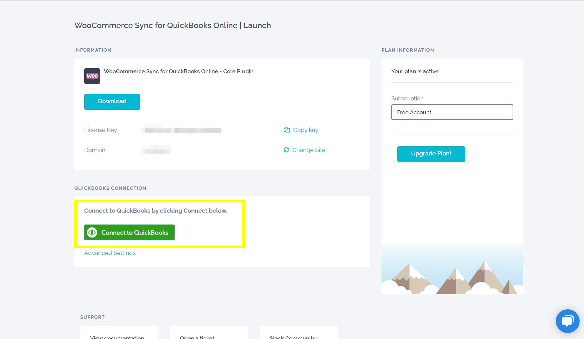 ปุ่มสำหรับเชื่อมต่อปลั๊กอิน WooCommerce กับ QuickBooks