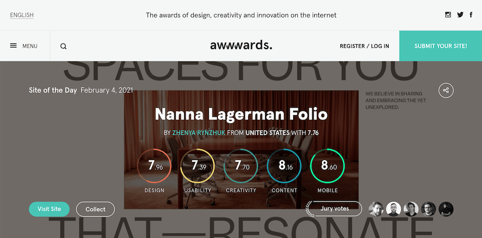 La página de inicio de Awwwards.