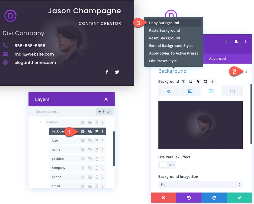 tıklamada flip animasyonlu divi kartvizit tasarımı