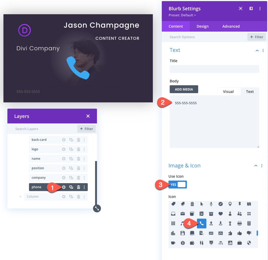 tıklamada flip animasyonlu divi kartvizit tasarımı