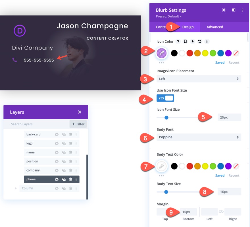 tıklamada flip animasyonlu divi kartvizit tasarımı