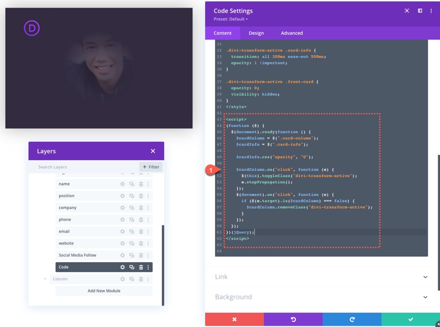 tıklamada flip animasyonlu divi kartvizit tasarımı