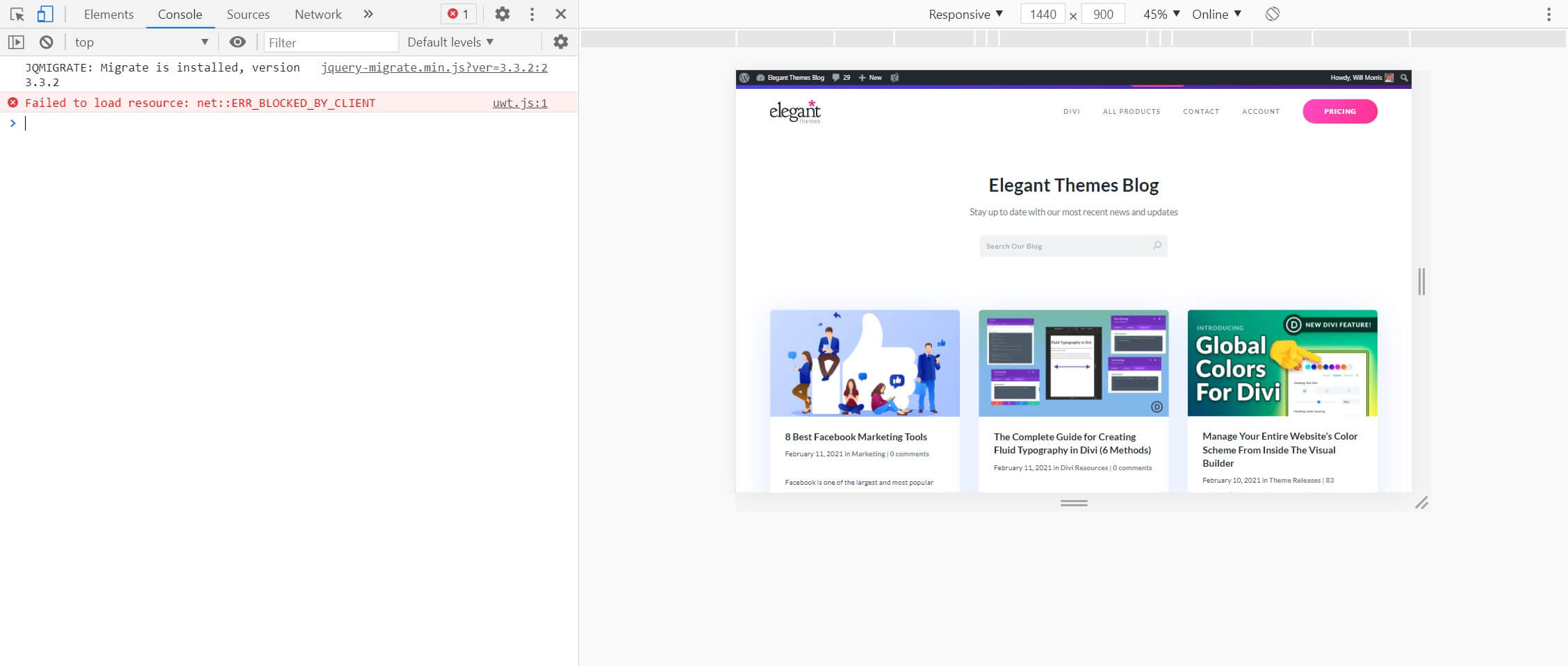 Consola de depanare Inspect Element.