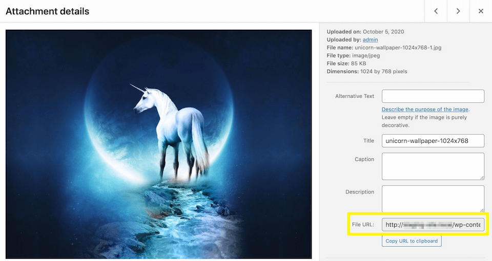 Identificarea adresei URL a unei imagini în biblioteca media WordPress.