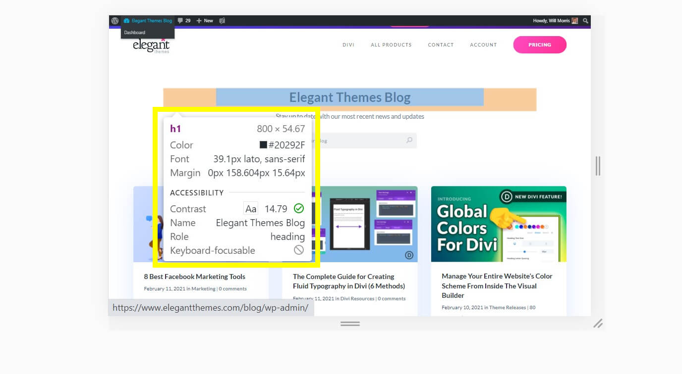 Informații despre stil când plasați cursorul în instrumentul Inspectare element.