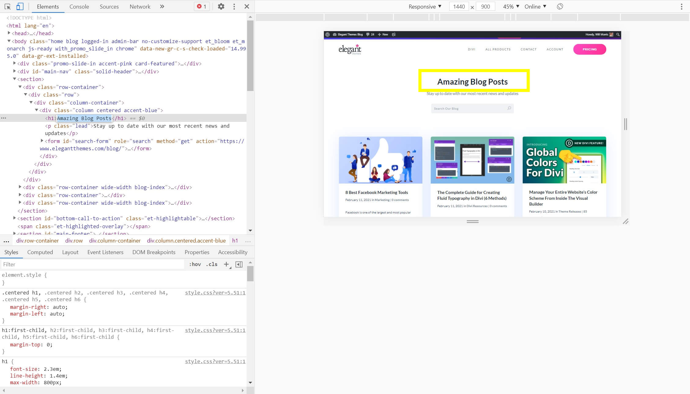 Modificarea textului în instrumentul Inspectare element din Google Chrome.