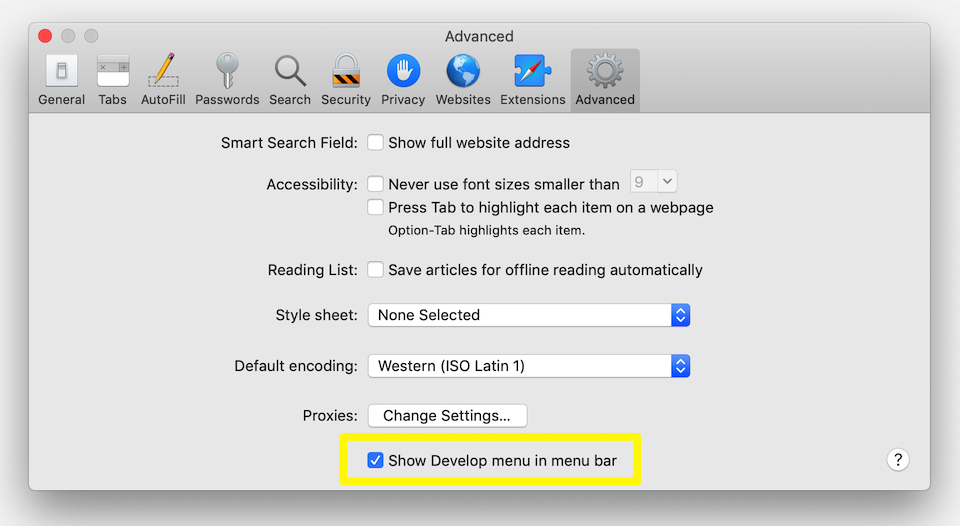 Activarea instrumentelor de dezvoltare Safari.