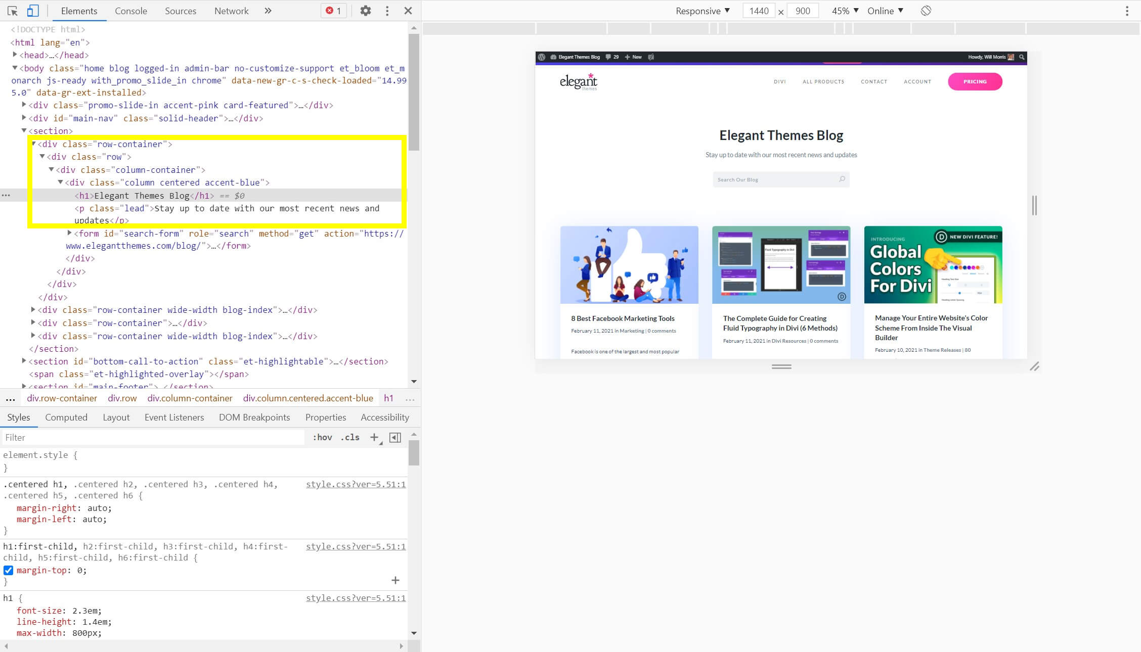 Clasele CSS afișate în fereastra Inspectare element.
