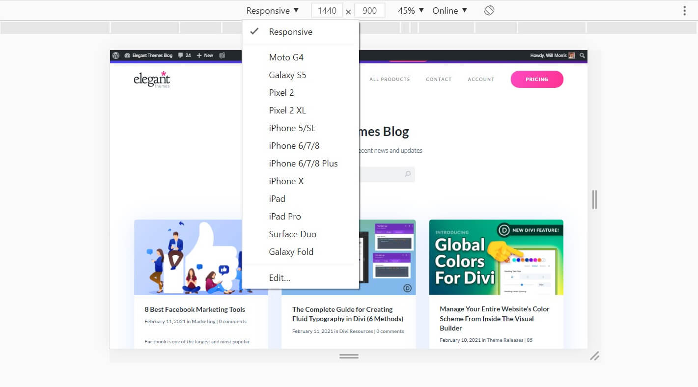 Meniul de selectare a dispozitivului din instrumentul Inspectare element.
