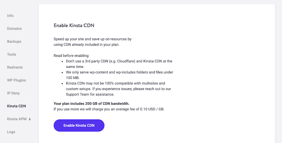 启用 Kinsta CDN。