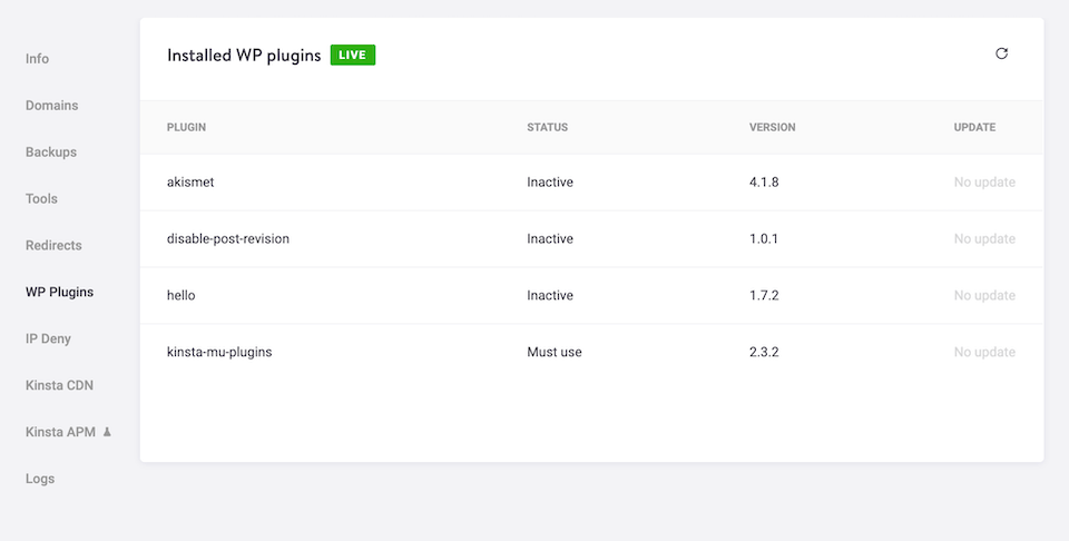 Kinsta 插件列表。