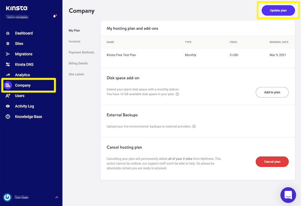 从 MyKinsta 仪表板升级托管计划。