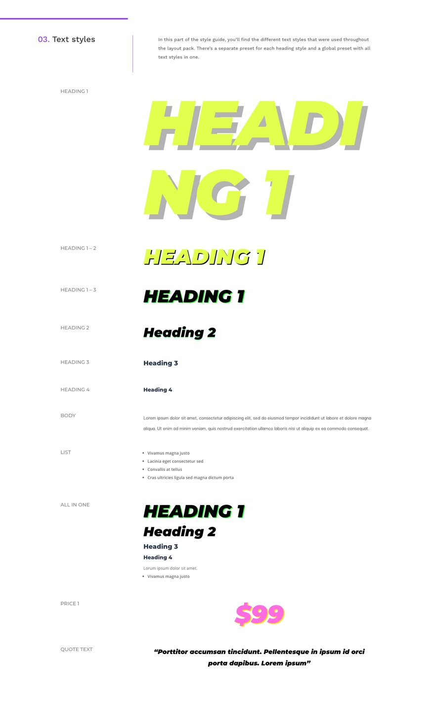 guía de estilo de preajustes globales para el paquete de diseño de fitness virtual de divi