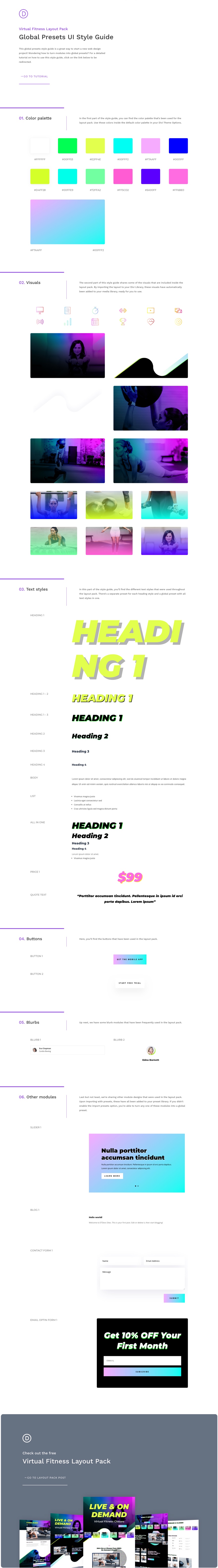 guía de estilo de preajustes globales para el paquete de diseño de fitness virtual de divi