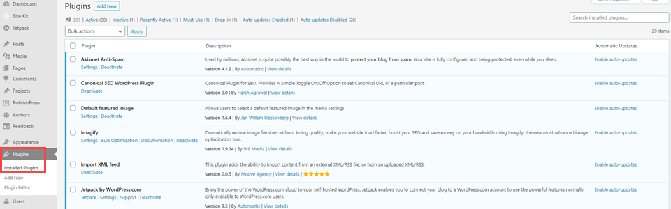 disinstallazione del plugin dalla dashboard