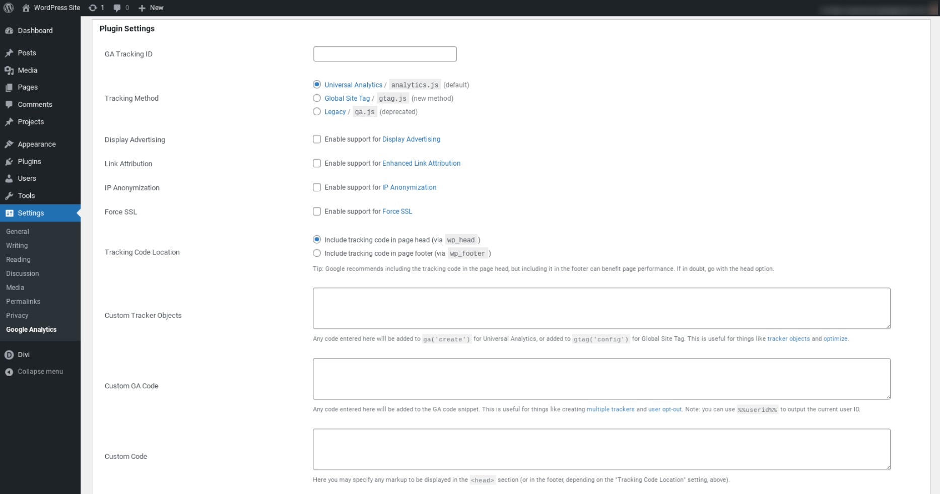 إعدادات البرنامج المساعد GA.