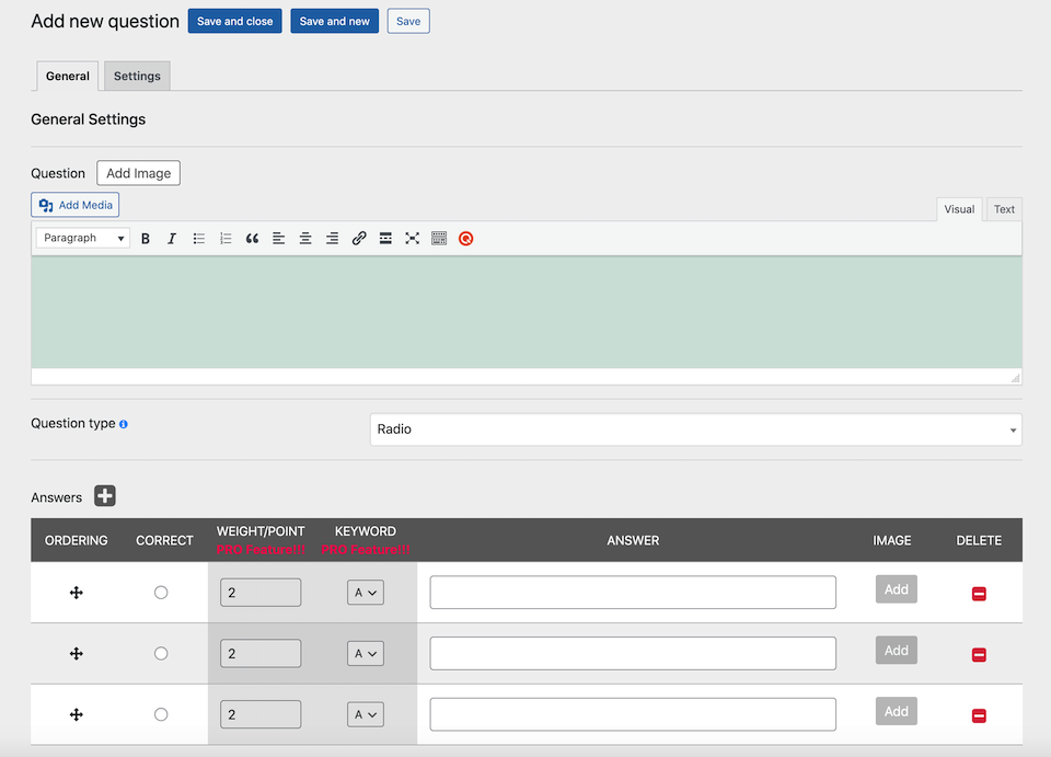 在 Quiz Maker WordPress 测验插件中添加问题。
