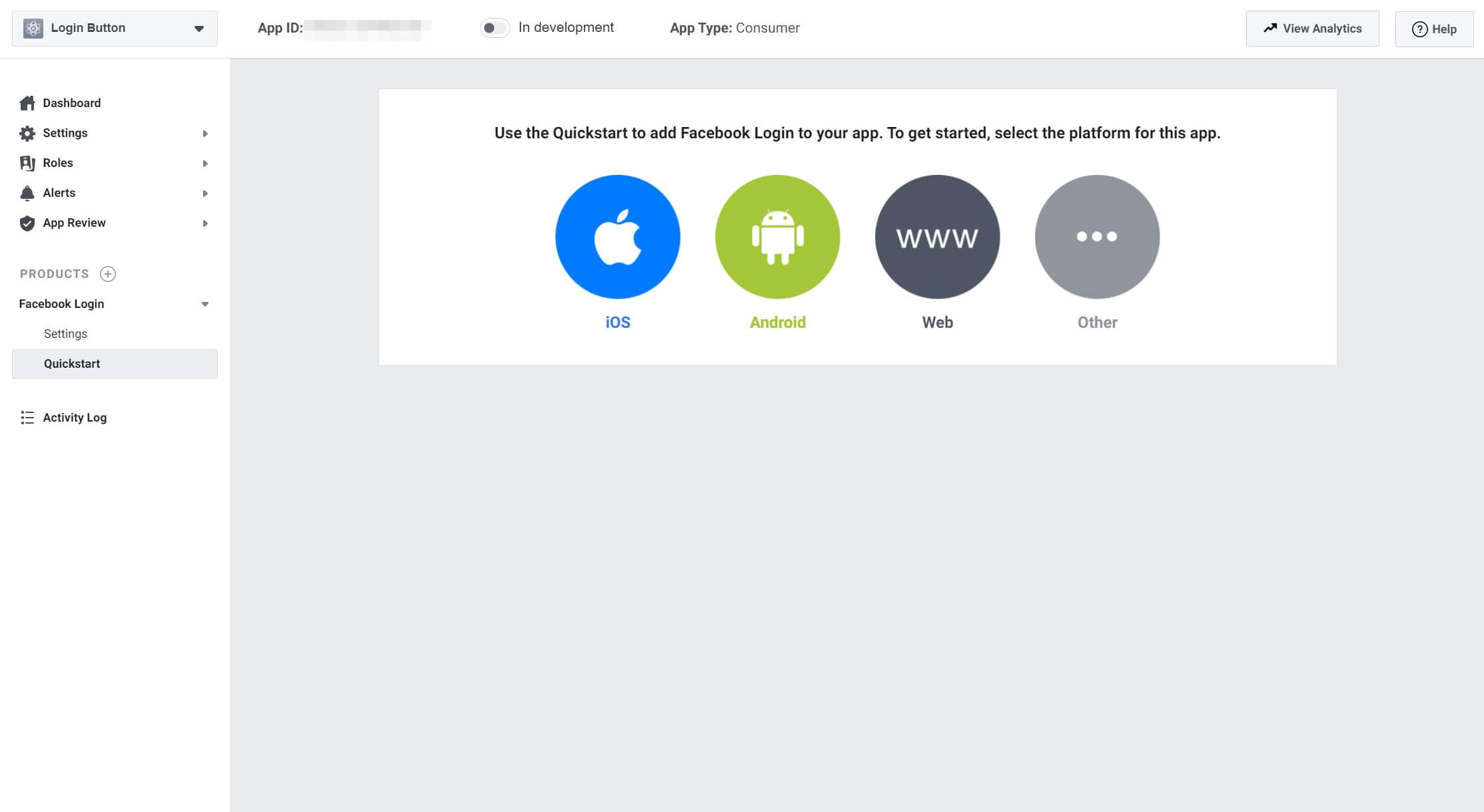 Wybór platformy dla przycisku logowania do Facebooka.