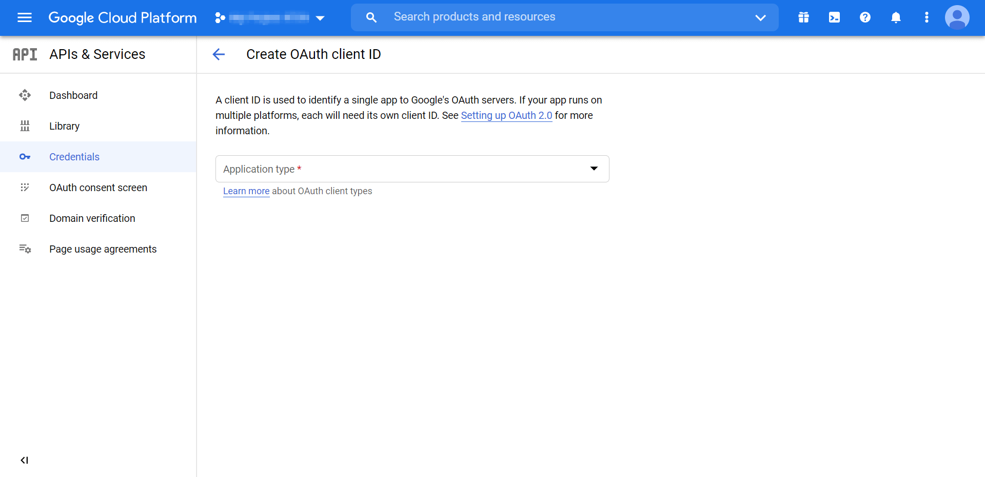 Halaman pertama membuat ID klien OAuth untuk login Gmail WordPress.