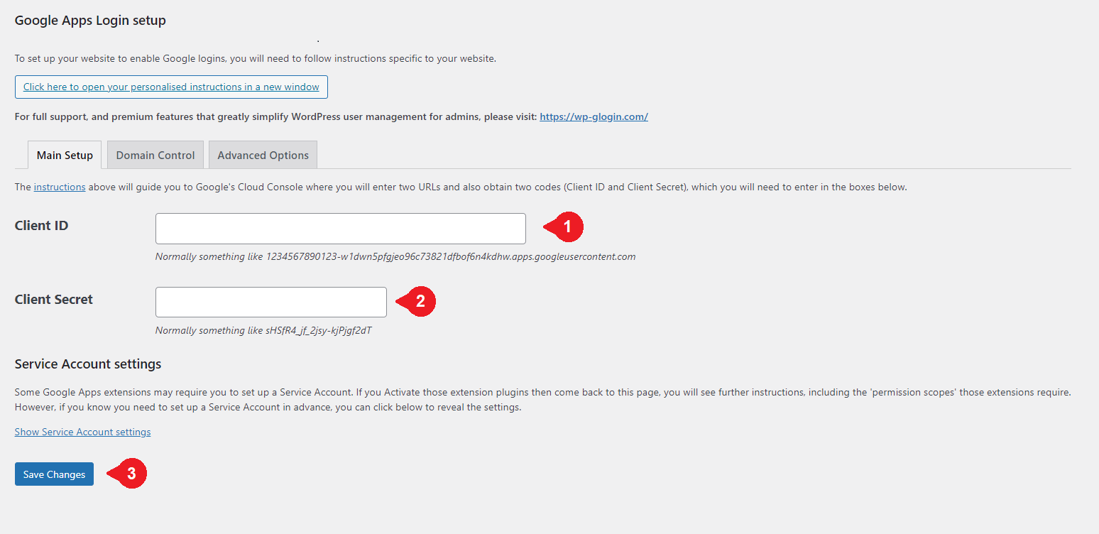 Layar pengaturan login Google Apps, untuk mengatur login WordPress Gmail.