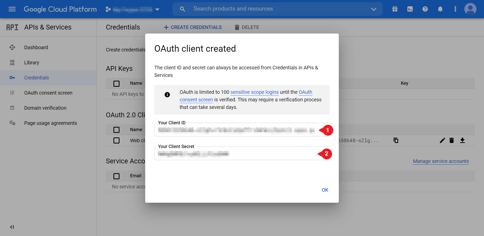 Menambahkan info ID Klien dan Rahasia Klien di Google Console.