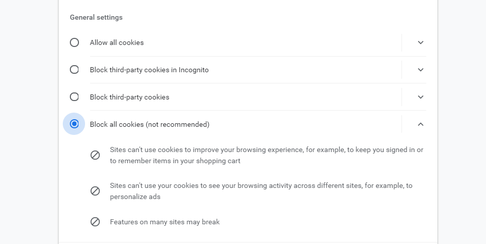 Setelan pemblokiran cookie di Chrome.
