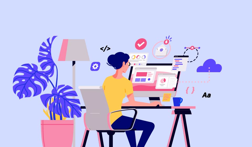Une illustration d'une blogueuse est assise à son bureau et travaille.