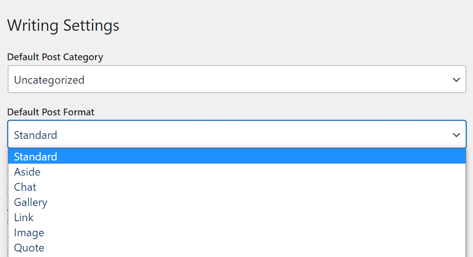 Las opciones de formato de publicación de WordPress.
