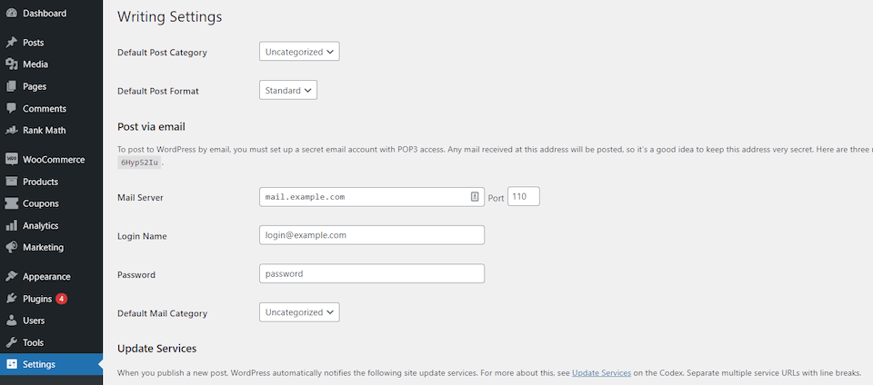 La configuración de escritura de WordPress.
