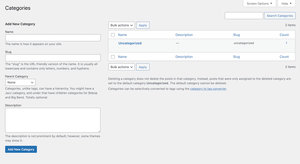Añadiendo una nueva categoría en WordPress.