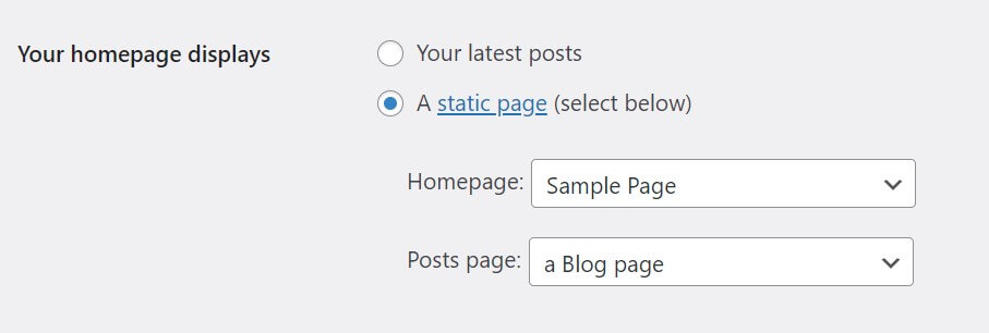 La configuración de la página de inicio dentro de la página de configuración de lectura de WordPress.